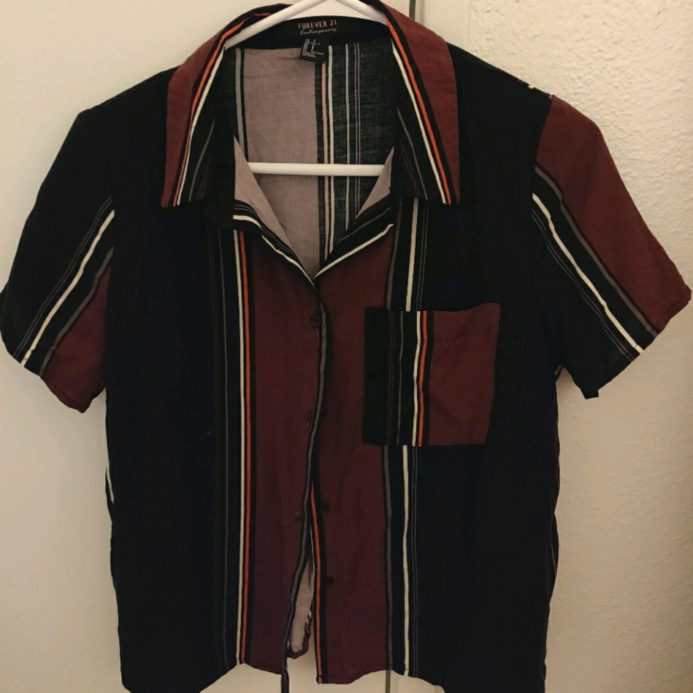 Red/Black Striped Women's Contemporary Button-Up